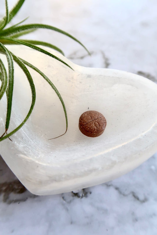 Kratom tablet on a heart-shaped plate with a plant