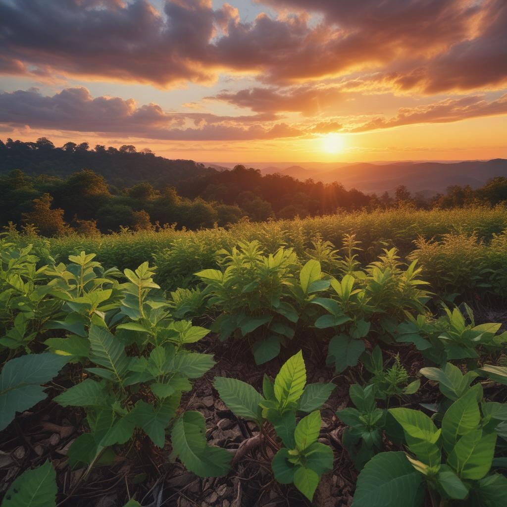 Kratom leaves in a scenic field with a sunset in the background